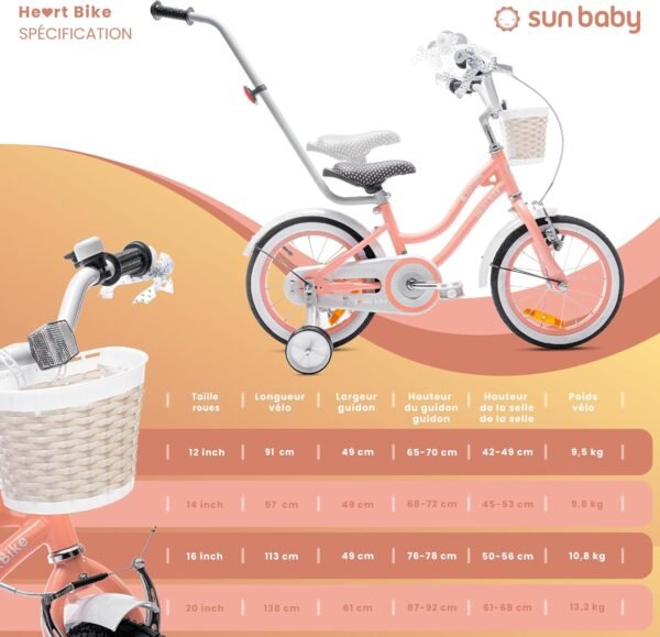 sun baby Heart Bike for Girls 12 14 16 Inch Children's Bike 2-6 Years with Push Bar, Basket, Bell – Image 14