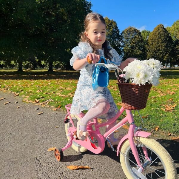 STITCH Manchi 12 & 14 & 16 & 18 Inch Children's Bicycle with Basket & Stabilising Wheels for Girls & Boys 2-9 Years (Green & Pink) – Image 3