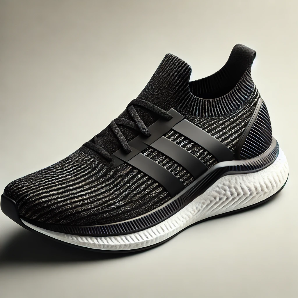 DALL·E 2024 12 23 08.07.54 A sleek and modern running shoe with a black knit upper black stripes and a thick white cushioned midsole. The design is minimalistic lightweight