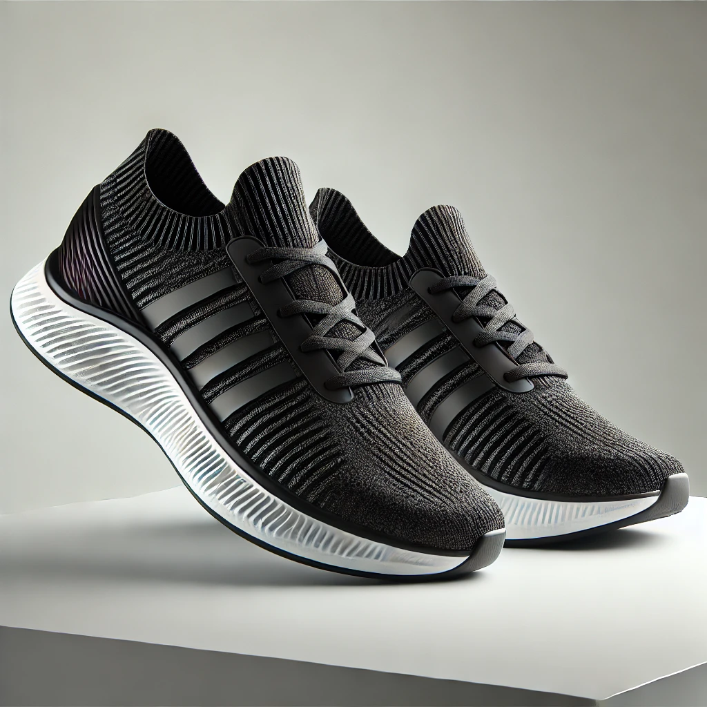 DALL·E 2024 12 23 08.08.58 A modern athletic running shoe with a black knit upper black stripes and a thick white cushioned sole. The shoe is sleek lightweight and stylish