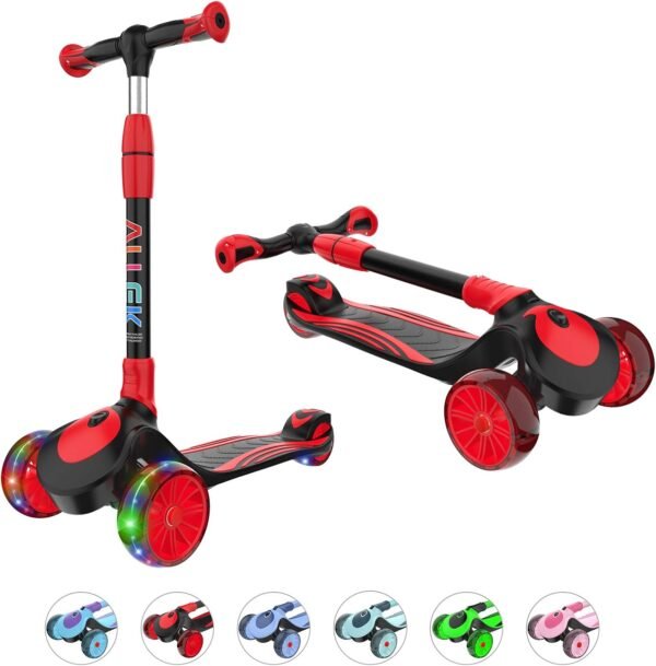 Allek F01 Electric Scooter for Kids – Folding 3-Wheel Kick Scooter with LED Lights, Adjustable Handlebar, and Anti-Slip Deck