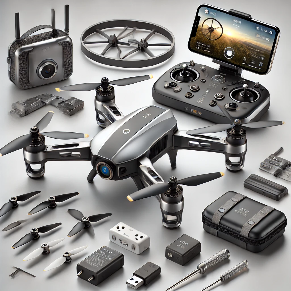 DALL·E 2025 01 05 12.42.51 A high tech mini drone inspired by the Holyton HT50 design featuring sleek silver and dark gray body with aerodynamic propellers a 4K camera integra