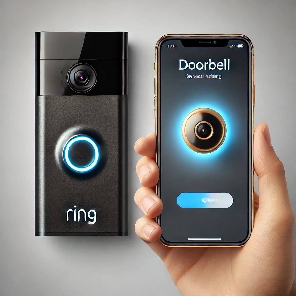 DALL·E 2025 01 05 18.16.18 A modern Ring security camera doorbell with a sleek black and bronze design featuring a glowing blue ring indicator. Next to it a smartphone in a pe