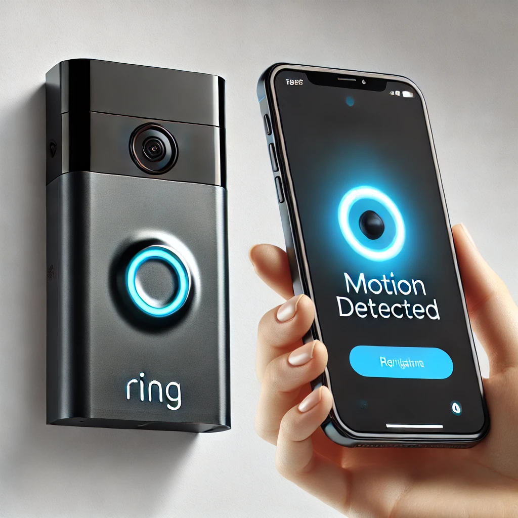 DALL·E 2025 01 05 18.17.05 A sleek and modern Ring security camera doorbell with a black and silver design featuring a glowing blue ring indicator. Next to it a smartphone in