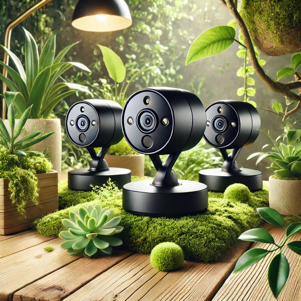 DALL·E 2025 01 06 21.50.56 A set of modern black security cameras displayed in an eco friendly setting. The cameras are positioned on a natural wooden table surrounded by lush